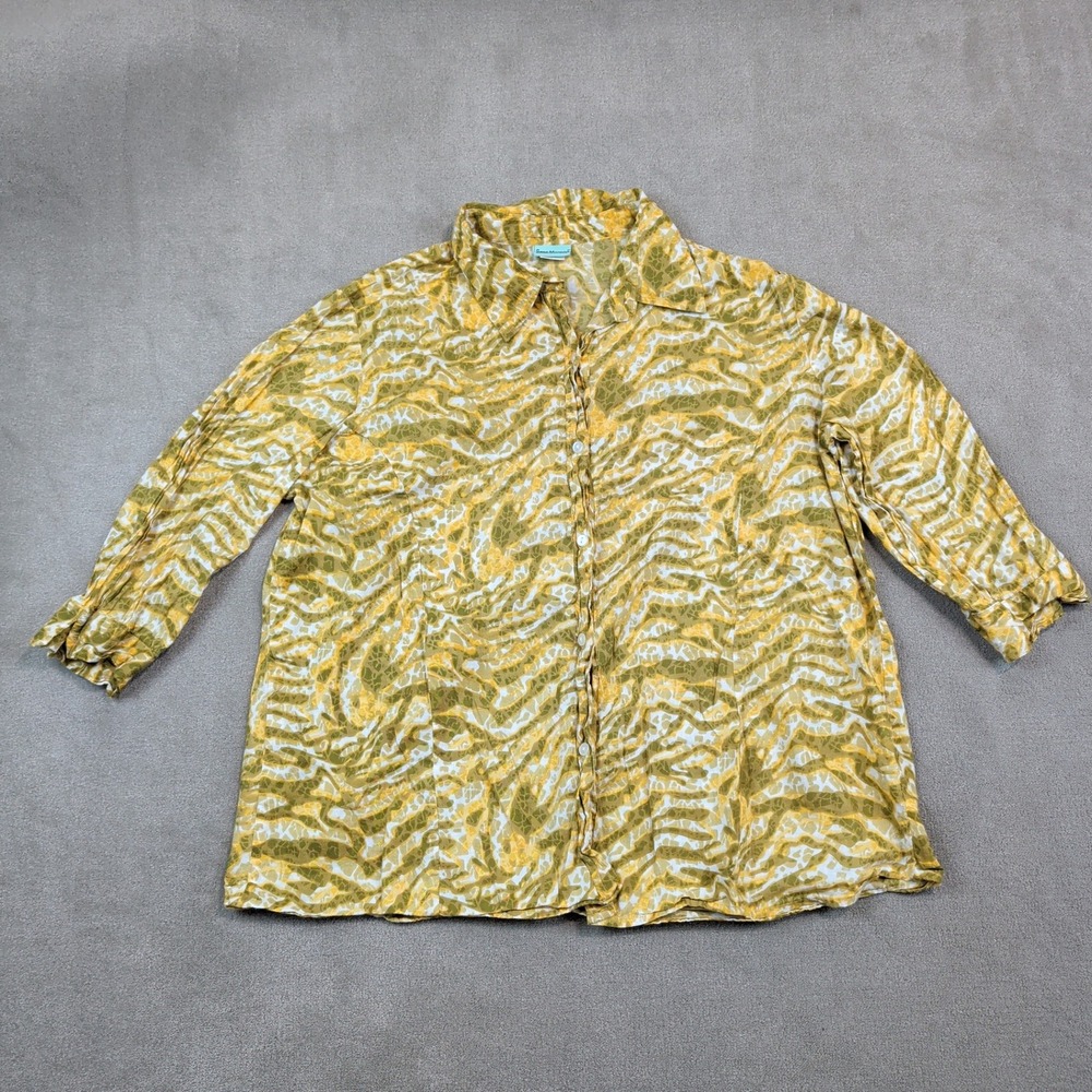 Sara Morgan Y2K Animal Print Button Down Shirt XL Yellow Cotton Boho Abstract